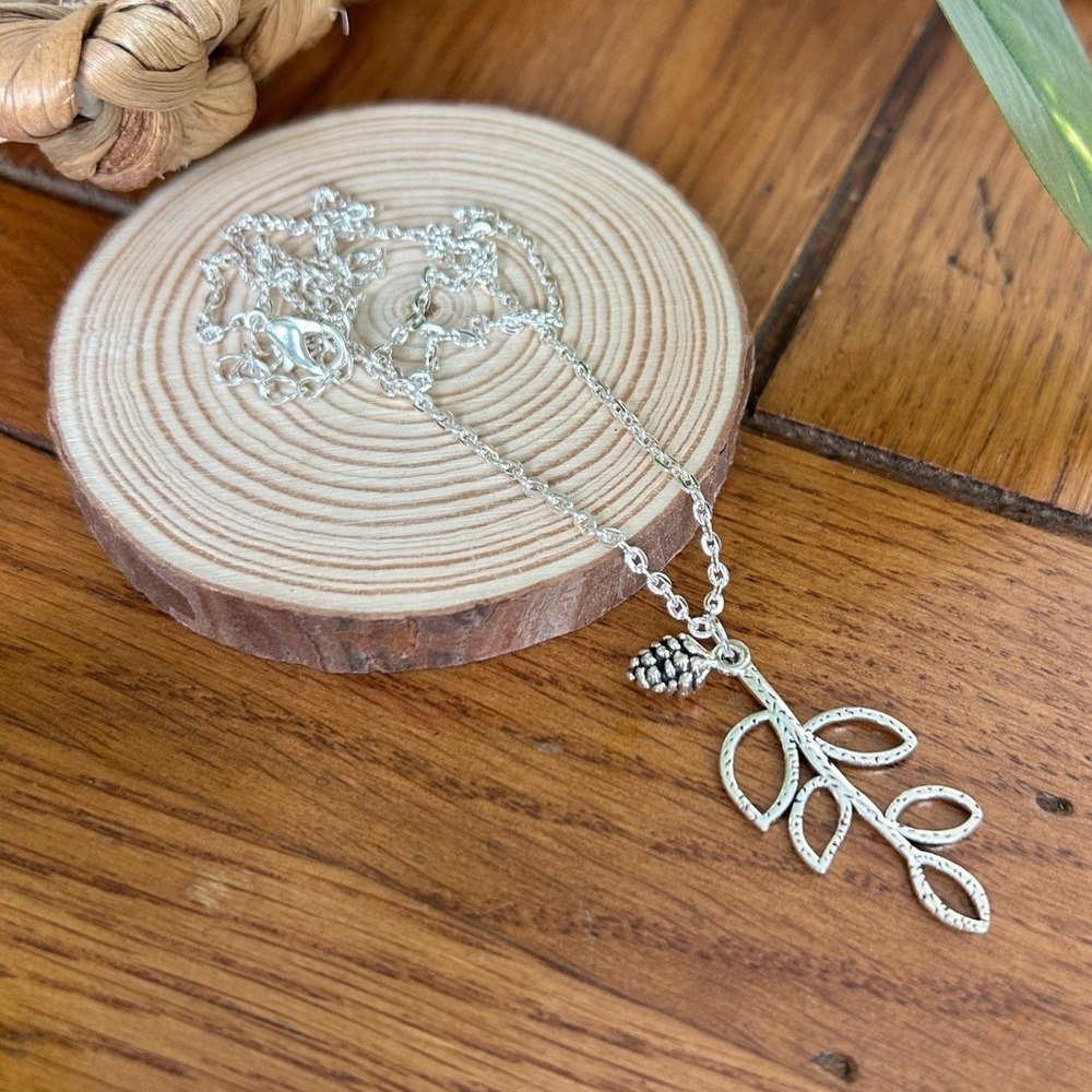 Handcrafted Silver Leaf Cutout & Pinecone Pendant Necklace Woodsy Nature Boho